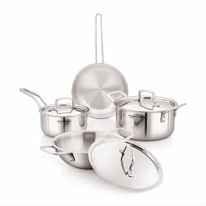 Amazon Basics Triply Stainless Steel Cookware Set 7 Pcs - Deep Kadai(3.4L), Saucepan(1.7L)…