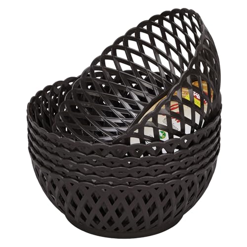 Cane Large Plastic Storage Basket for Fruits, Vegetables & Snacks – Decorative Woven Design for Kitchen, Dining Table & Home Use I Pack of 6 - Dark Brown