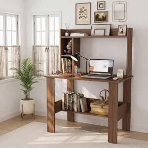Elevate Study Table with Bookshelf Hutch - Modern Wooden Computer Desk with Top & Bottom Storage |…