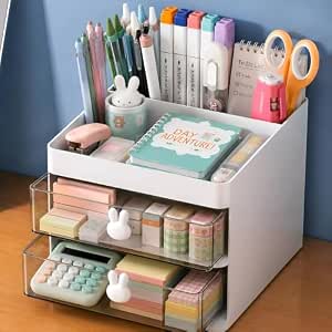 PulGos Desk Organizer with 2 Drawers| Large 3 Compartme..