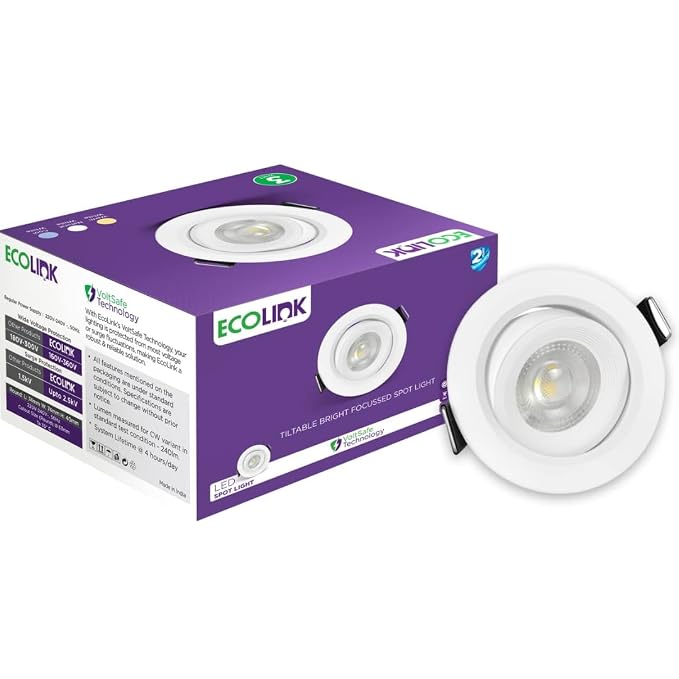 EcoLink Polycarbonate 3W LED Tiltable Spot Light | Spot Light for Display & Home Decoration | Cut Out: 63Mm, Color: Warm White, Pack of 1