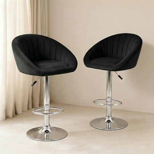 Adjustable Velvet Bar Stool Chair with Chrome Base, Padded Counter Height Swivel Stool for Kitchen & Bar 2Black