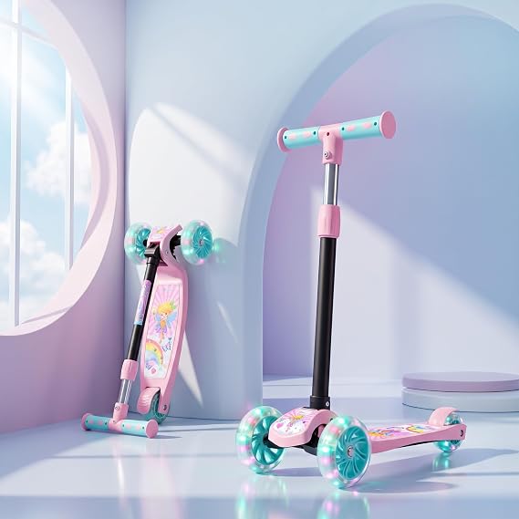 Kids Scooter Magic Princess with LED Wheels, Kick for Kids with Adjustable Foldable Design, Skating Style Alternative to Cycle, Ideal Up to 50 Kg,Pink