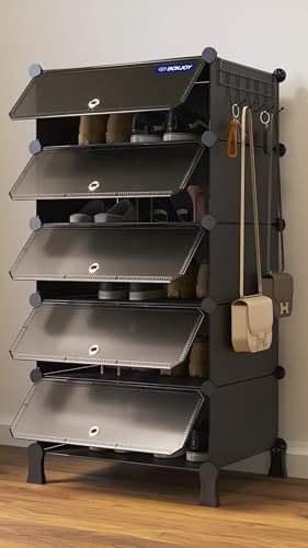 BOXJOY 5 Shelf Shoe Rack with 5 Doors, 5 Hook Steel Holder & Wooden Hammer