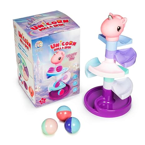 Ratna's Unicorn Roll & Spin Toy with Squeezy Head, Spiral Ball Track Stacking Tower, 3 Colorful Rolling Balls, 35 cm Height, Educational Toys for 6+ Month Old Baby