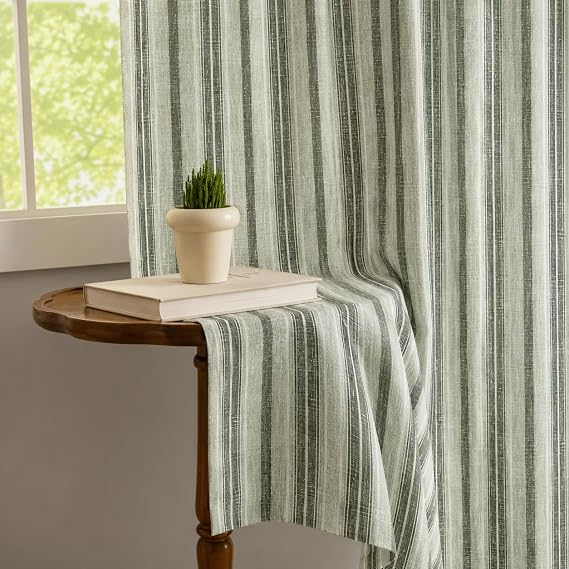 Cortina Premium Linen Blend Sheer Curtain 5 feet Long Set of 2 Eyelet Ring Hanging, Strip Printed Curtains |Light Filtering Drapes (Black Strip, 5FT)