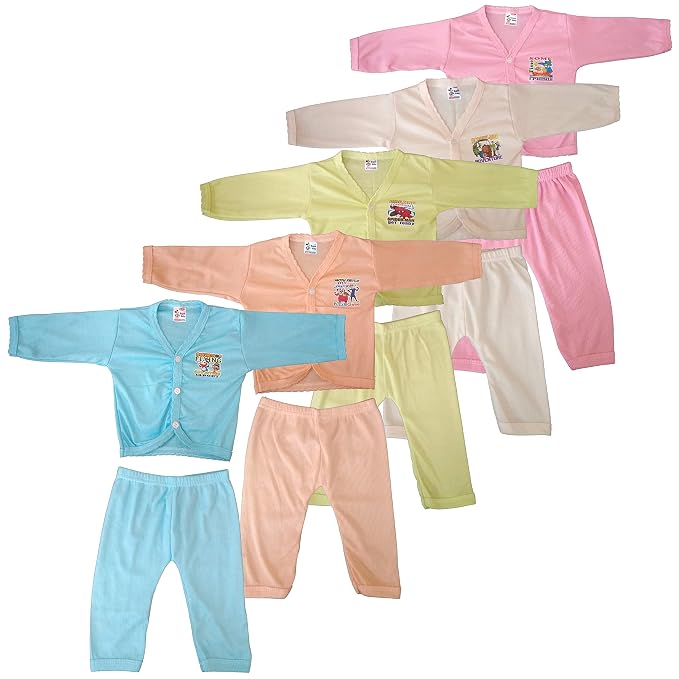 Born Baby Poly Cotton Solid Color Fullsleeve T-Shirt And Pant Combo Set For 0-6 Months (Pack Of 5), Multicolour