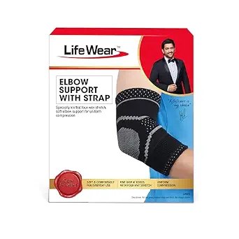 Life Wear Elbow Support with Strap, Compression Brace for Pain Relief and Joint Stability, Adjustable Elbow Sleeve for Gym, Tennis, Badminton, Cricket, Breathable and Stretchable, Unisex, Size (S)