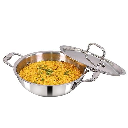 Wonderchef Nigella Tri-ply Stainless-Steel Kadhai with Lid 24cm for Kitchen, 1.5L, Non-Toxic, Chemical & PFOA Free, Gas Stove & Induction Friendly, Heavy Bottom, Cool-Touch Handle, 10-Yr Warranty
