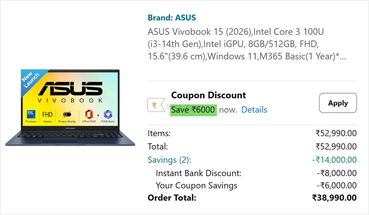 ASUS Vivobook 15 (2026),Intel Core 3 100U (i3-14th Gen) at 38,990*