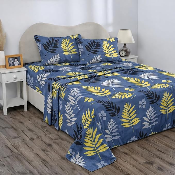 BSB HOME Double Bedsheet 144 TC Microfiber with 2 Pillow Covers | Smooth, Lightweight & Quick-Dry Bed Sheet Set | Comfortable Bedding for Home, Guest Room & Daily Use - Leaf Fusion Blue