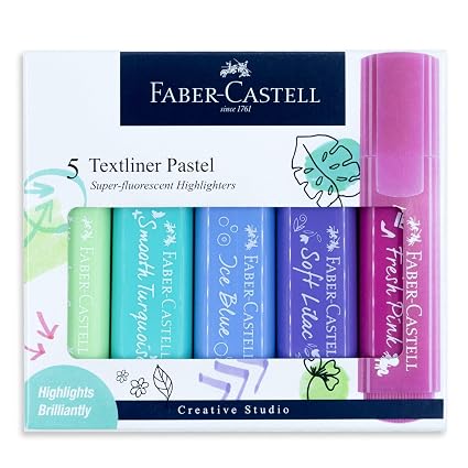 Faber-Castell Pastel Textliner Pen Set – Pack of 5 Assorted Colours | Highlighter Markers for Study, Journaling & Doodling | Stationery Essential for Students