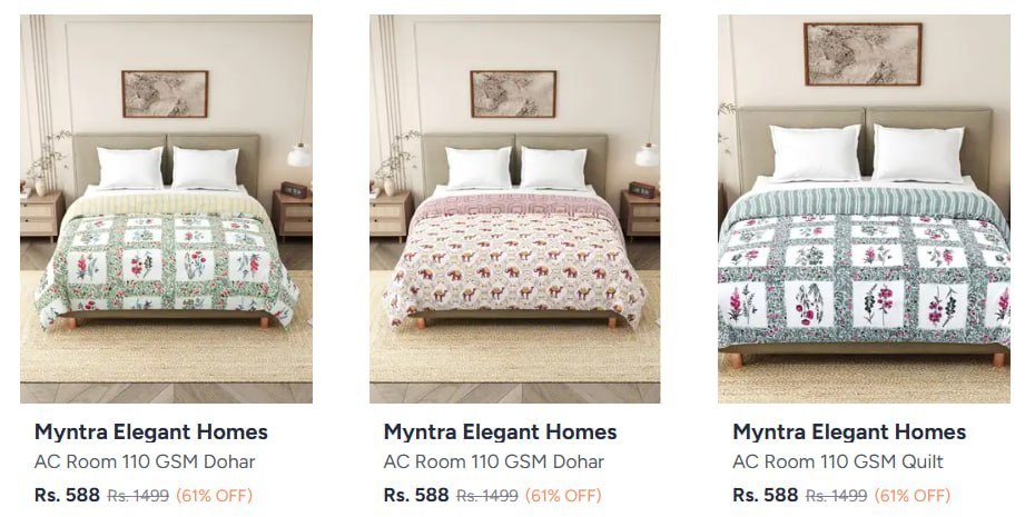 Myntra | Premium Pure Cotton Blankets Quilts and Dohars starting at 584/- + Additional Discount