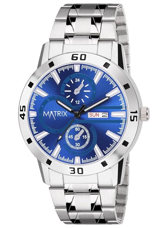 Matrix Superior Analog Watch for Men | Black, Blue, Green & White Dial Stainless Steel Chain Strap Watch | Day & Date Display | Quartz Movement | Stylish Casual & Formal Wrist Watch for Boys & Men