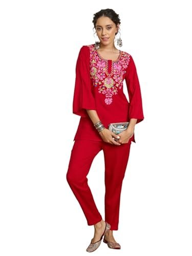 Women Woollen Embroidered Round Neck Short Kurta With Pencil Pants