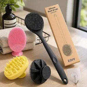 in-1 Silicone Bath Brush Set – Long Handle Back Scrubber, Body Exfoliating Shower Brush, Scalp & Face Massager, BPA-Free Soft Silicone Bath Brush for Men & Women, Hooks Included