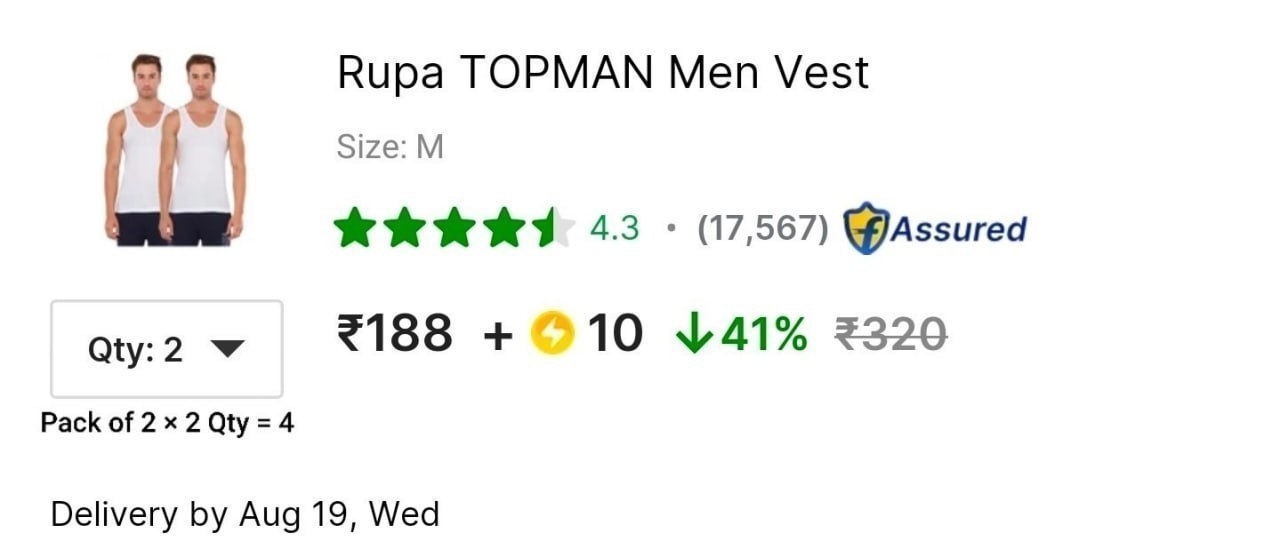 Rupa Vest (Pack of 4) at ₹188 + SC