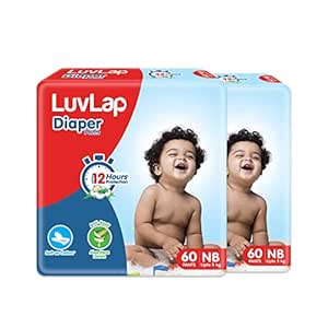 LuvLap Pant Style Baby Diapers, Newborn (NB) For babies of upto 5kg, 120 Count (60x 2) with Aloe…