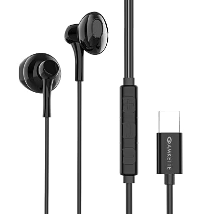 Amkette Trubeats M11 Type C Earphones with Mic, 14mm Dynamic Drivers, 3 Button Control, AI Assistants, Ergonomic Earbuds Compatible with Smartphones, Tabs & Laptops, Type C Headphones,1.2m Cable Black