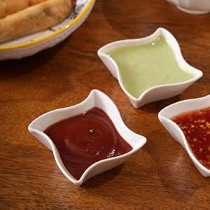 HOME 360 Premium White Ceramic Dip Bowl Set of 3 | Wavy Square Mini Dishes & Condiment Serving…