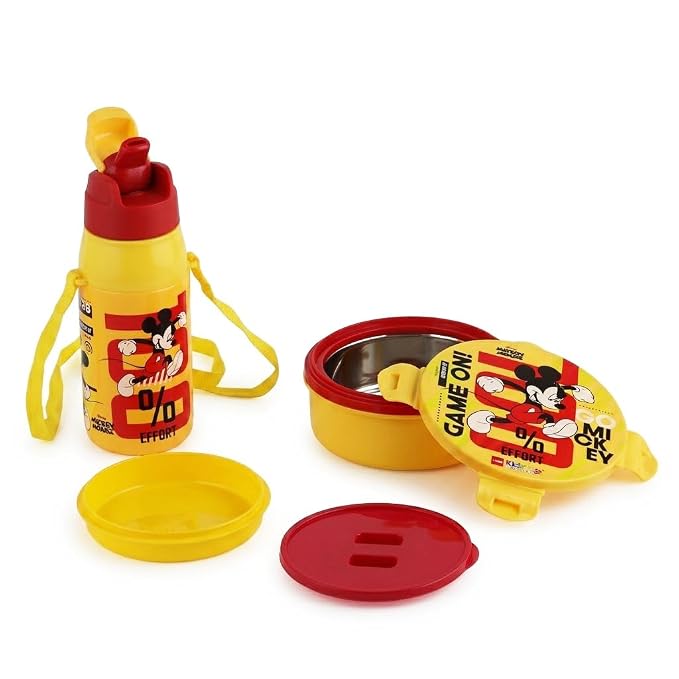 CELLO Kidzbee Star Gift Set Combo for School Kids, Yellow | 3D Touch & Feel Mickey Design Airtight Clip Lock Insulated Lunch Box 390ml with Leak Proof Flip Top Sipper Water Bottle for Kids Boys Girls