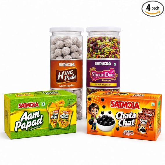Satmola Combo Pack of 4 Digestive Hanmper Hing Peda(220gm), Shaan Daar Mouth Freshner(220gm), Aam Papad(200gm), Chata Chat Digestive Goli(30 Pouches) - Tasty & Mouthwatering Snack for Kids & Adults | Nostalgic 90s Kids Favourite Treat Sweet Candy