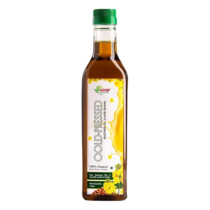 RAV Organics Cold Pressed Mustard Oil 1 ltr | Certified Organic Kachi Ghani Sarso Oil | Rich in MUFA & PUFA - Omega 3 | Naturally Aromatic Cooking Oil for Tadka, Frying, Pickling & Everyday Cooking