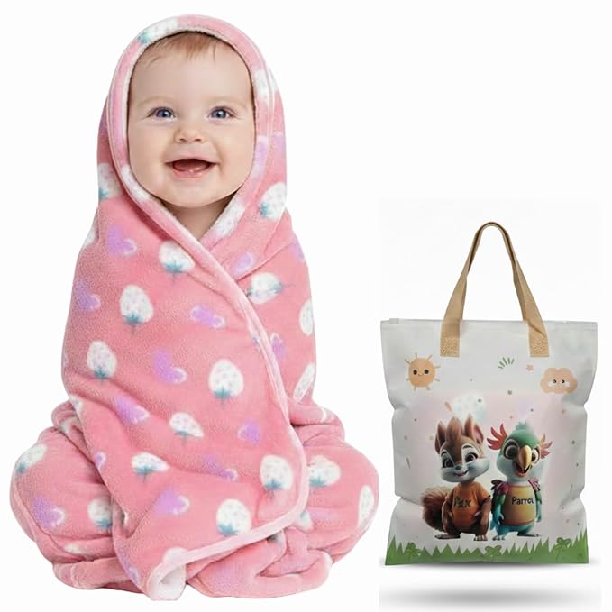 Ultra-Soft Baby Hooded Blanket | Newborn Baby Wrapping || Coral Fleece Material Hypoallergenic | Towel Cum Blanket with Teddy Design (0-3Years) (Light Pink)