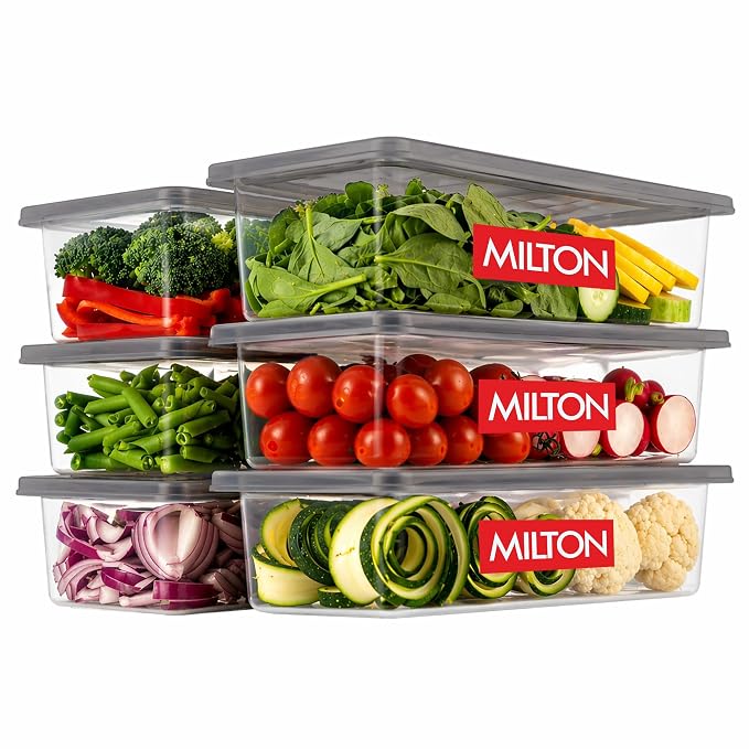 MILTON Cryo Fridge Storage Boxes Set of 6 Fridge Organizer Container with Waterproof Vinyl Stickers & Removable Drain Plate, Lid|Stackable Box, Plastic Containers 1500 ml|Fish, Vegetables, Fruits|Grey