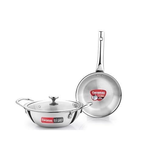Crystal TriPro Triply Stainless Steel 3 Pcs Cookware Set | Kadai 22cm with Glass Lid and Frypan 18cm | Less Oil Use, Healthy Cooking - Induction Bottom