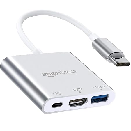 Amazon Basics 3-in-1 USB Type C to HDMI Adapter 4K, 100W PD Fast Charging Port, USB A 3.0 Speed, MultiPort HUB for MacBook Pro Air, Windows, Laptop, Tablet, Smartphone & All Type C Devices