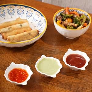 HOME 360 Premium White Ceramic Dip Bowl Set of 3 | Wavy Square Mini Dishes & Condiment Serving…
