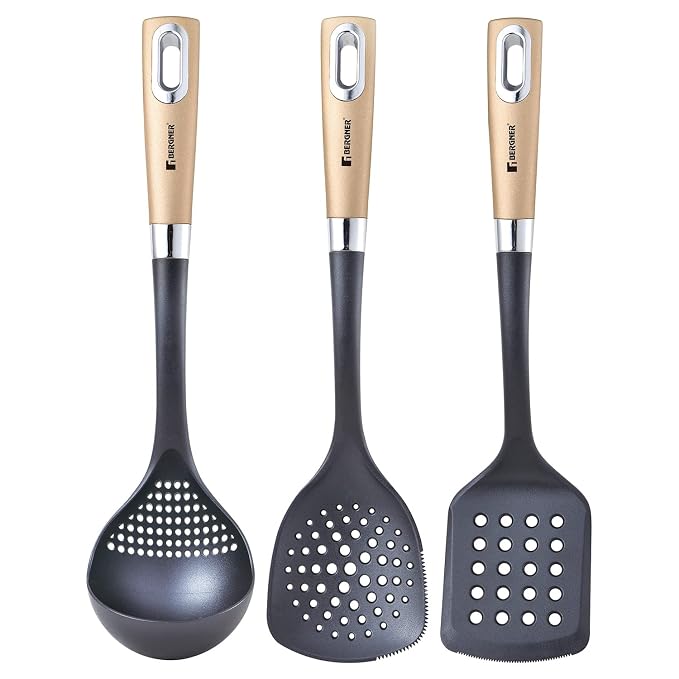 Bergner Centro 3 Pcs Nylon Kitchen Tool Set, 1 Slotted Turner, 1 Ladle and 1 Skimmer, Non-Toxic, Food Safe, Comfortable Grip - Black