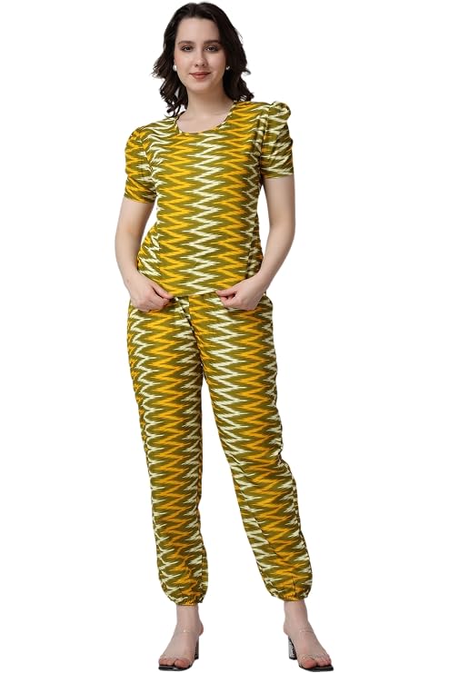 POPWINGS Casual Printed Top and Joggers Set for Women Stylish Summer Co-Ords Set for Women Round-Neck Top and Joggers Combo Set for Women