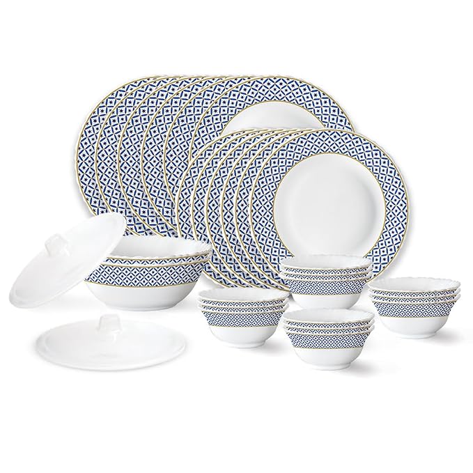 Larah by Borosil Juliet Fluted Series Opalware Dinner Set | 28 Pieces for Family of 6 | Microwave & Dishwasher Safe | Bone-Ash Free | Crockery Set for Dining & Gifting | Plates & Bowls | White