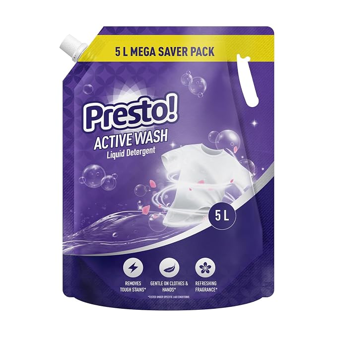 Presto! Active Wash Liquid Detergent Refill Pack 5L | Floral Scent | Powerful Stain Removal for Machine Wash