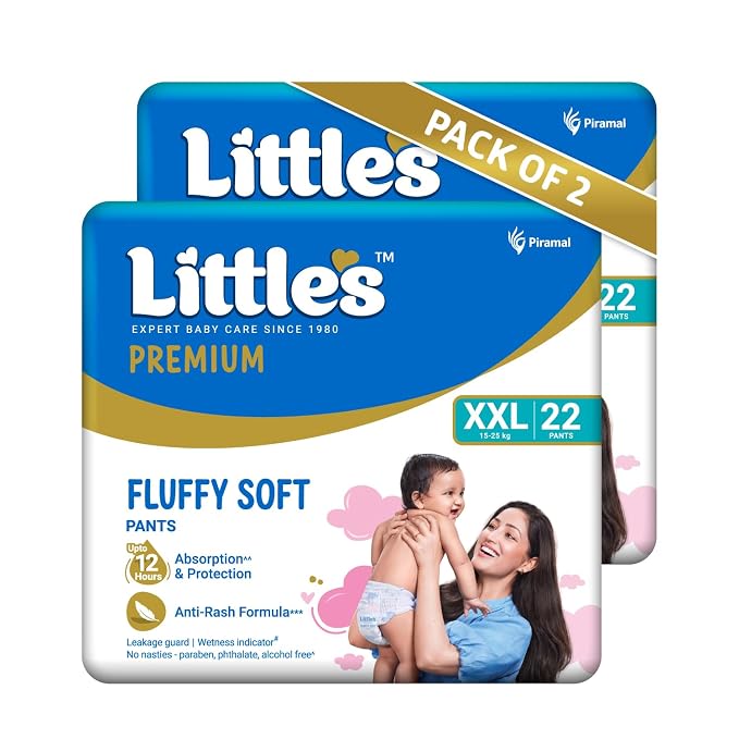 Little's Premium Baby Diapers XXL Size | Pants Style | 15-25 kg | 44 Count | FluffySoft Baby Diaper with Leakage Guard, Wetness Indicator & 12 Hours Absorption | (22 Count, Pack of 2)
