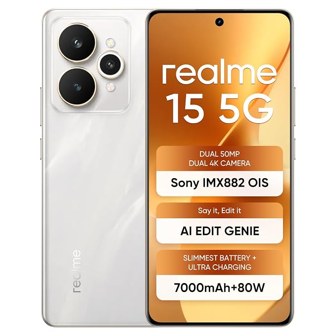 realme 15 5G, 8+256GB, Dimensity 7300+ 5G, 50MP 4K Camera, Curved Display, 6.8" 144Hz, Battery 7000mAh, IP69, Flowing Silver