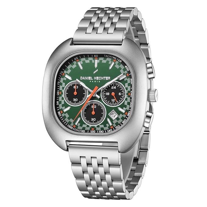 Daniel Hechter Paris Broadway Collection Chronograph Watch for Men with Emerald Green Square Dial | Tachymeter Bezel, Date Display & Silver Stainless Steel Strap - DHM1033-55