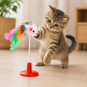 Foodie Puppies Interactive Feather Teaser Cat Toy, Mouse Play Stick, Suction Cup Base, Flexible Self-Play Wand, Indoor Exercise & Hunting Instinct Stimulation