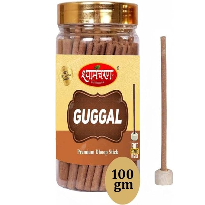 Shyam Charan Natural Guggal Dhoop Sticks for Pooja 60 Sticks Each Jar | Bambooless Incense Aroma for Home/Office | Dry Dhup for Puja with Holder Stand | Best for Long Lasting Fragrances(100gm)