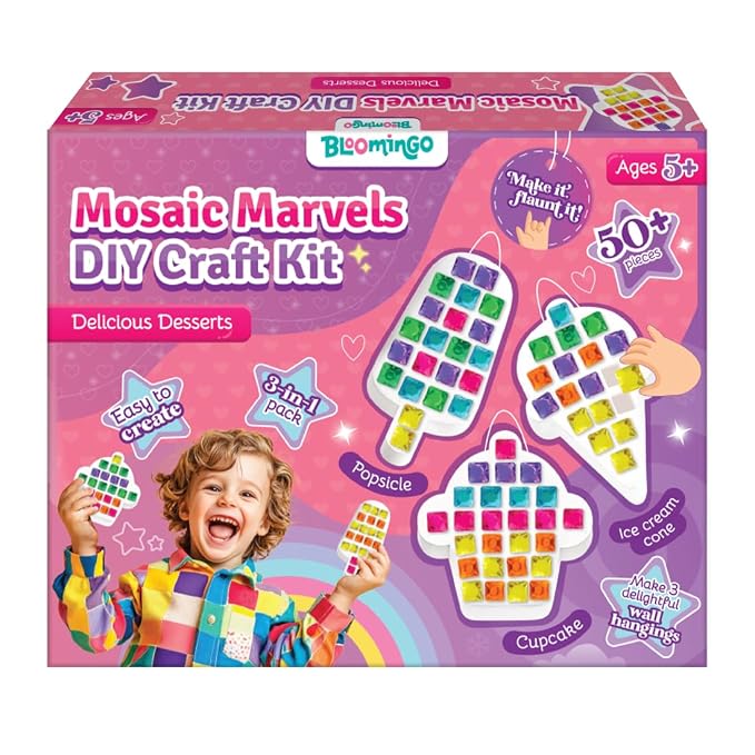 Bloomingo Art & Craft Kit for Ages 5+ - Mosaic Marvels DIY Craft Kit - Delicious Desserts | Easy-to-follow instructions | DIY kit for kids | 3-in-1 pack | Mosaic Art | Desserts | Cupcake | Popsicle | Ice cream cone | Slow-drying plaster | Areca-leaf moulds | Mosaic tiles | DIY wall hangings | Create and decorate