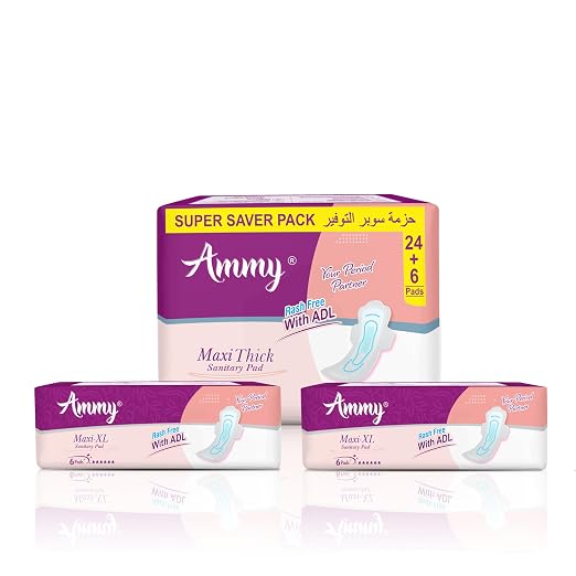 Ammy Super Absorbent Maxi Thick Sanitary Pads - 30 Pcs XXL Size for Heavy Flow & 12 Pcs XL for Medium Flow | Cottony Soft, Rash-Free, Leak-Lock with 6-Layer Shield & Active Flow Layer | Pack of 3