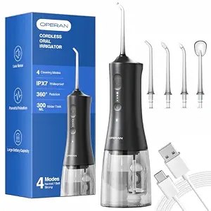 Operan Water Picks, 4 Modes Travel Water Flosser Kit with 4 Tips, 300ml Portable Cordless Water Flosser for Teeth and Braces Care, Black, 1 Pack
