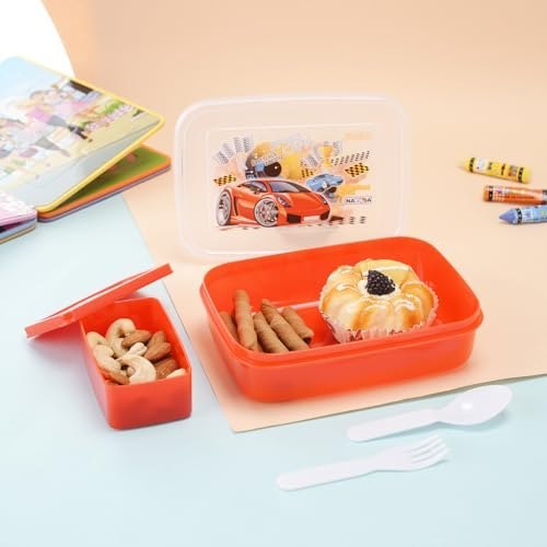 Nayasa Ninja 2 Compartment BPA-Free Plastic Lunch Box for Kids Boys | Cars Print | Leak Proof Push Lock | Red