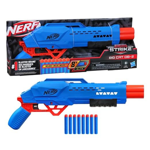 Nerf Alpha Strike Big Cat Db-2 Blaster,Double-Barrel Blasting, Fires 2 Darts in A Row,Includes 8 Official Nerf Elite Darts,Multicolor, Birthday Gift for Kids