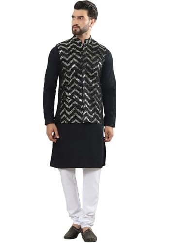SOJANYA (Since 1958 Men's Pure Cotton Kurta and White Pyjama with Sequins Nehru Jacket