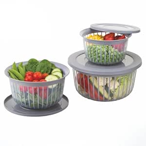 Amazon Brand - Solimo Plastic Linea Storage Containers with Lid Food Grade Set of 3 (1.3L, 2.3L &…