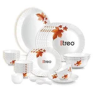 Treo by Milton Opalware Aurelia Mapelle Dinner Set of 35 | Serving for 6 | Microwave & Dishwasher Safe | Bone-Ash Free | Tempered Toughness | Plates, Bowls, Spoons | Crockery Set for Dining & Gifting