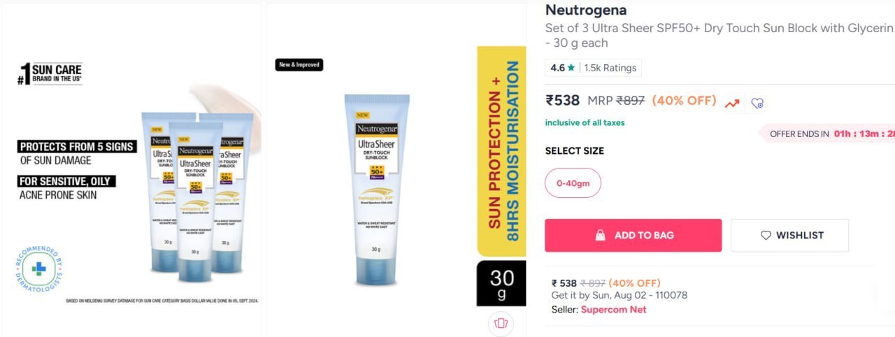 Myntra | Neutrogena Set of 3 Ultra Sheer SPF50+ Dry Touch Sun Block with Glycerin - 30 g each